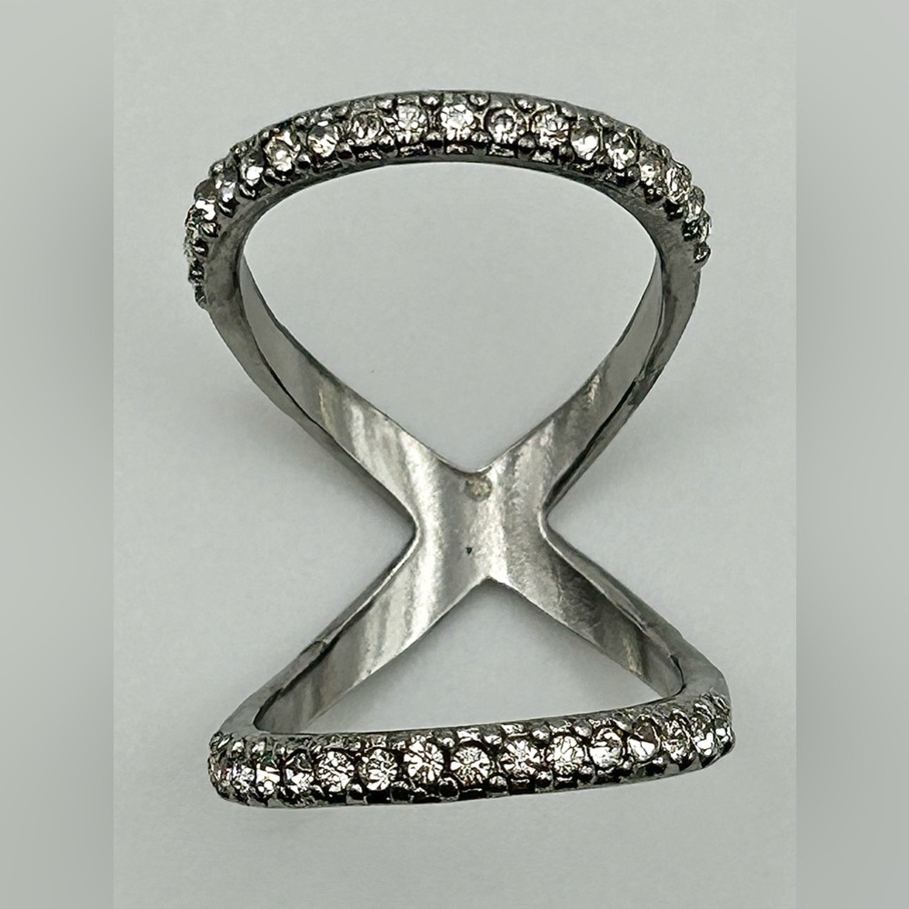 Silver Tone Clear Rhinestone Studded Double Band Crossover Ring—Size 7